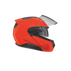 Helm neon orange rechte Seite offenes Visier und heruntergeklapptes Sonnenvisier