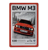 BMW B3 Blechschild mit rotem E30 auf der Straße