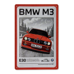 BMW B3 Blechschild mit rotem E30 auf der Straße