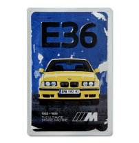 BMW M3 Blechschild E36 in gelb mit blauem Hintergrund und E36 Prägung in schwarz