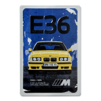 BMW M3 Blechschild E36 in gelb mit blauem Hintergrund und E36 Prägung in schwarz