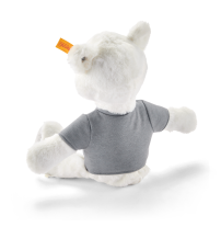 BMW Teddy Bear mit grauem T-Shirt und BMW Bildmarke und Steiff-Knopf im Ohr Rückansicht