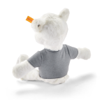 BMW Teddy Bear mit grauem T-Shirt und BMW Bildmarke und Steiff-Knopf im Ohr Rückansicht