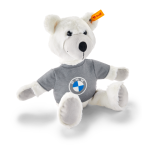 BMW Teddy Bear mit grauem T-Shirt und BMW Bildmarke und Steiff-Knopf im Ohr im Halbprofil