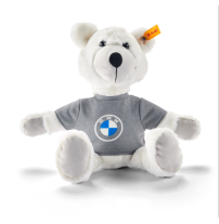 BMW Teddy Bear mit grauem T-Shirt und BMW Bildmarke und Steiff-Knopf im Ohr Frontansicht