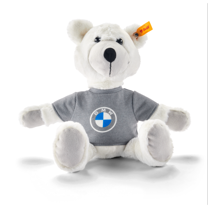 BMW Teddy Bear mit grauem T-Shirt und BMW Bildmarke und Steiff-Knopf im Ohr Frontansicht