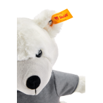 BMW Teddy Bear mit grauem T-Shirt und BMW Bildmarke und nahaufnahme des Steiff-Knopf im Ohr