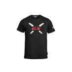 Schwarzes BMW Motorrad GS T-Shirt mit großem GS Licht-Icon und GS Schriftzug auf der Brust sowie BMW Logo auf dem linken Ärmel.