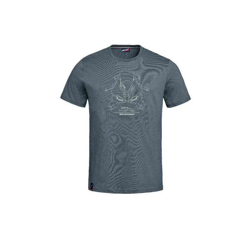 Graues BMW Motorrad RR T-Shirt mit S 1000 RR Grafik und Schriftzug auf der Brust.