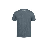 Rückansicht des grauen BMW Motorrad RR T-Shirts mit kleiner Startflagge und „Never Stop Challenging“-Schriftzug im Nacken.