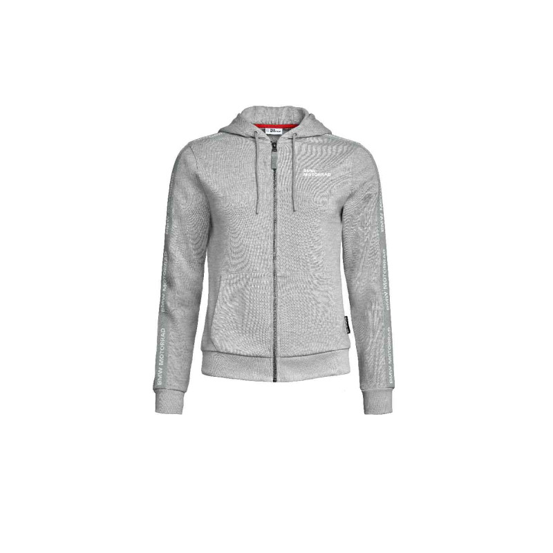 BMW Motorrad Zip-Hoodie Damen Grau Melange Front mit BMW Motorrad Wortmarke auf der linken Brust