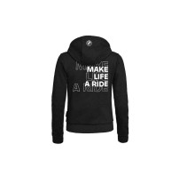 Rückansicht des schwarzen BMW Motorrad Damen Zip-Hoodies mit großem „Make Life A Ride“-Schriftzug und BMW Logo auf der Kapuze