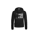 Rückansicht des schwarzen BMW Motorrad Damen Zip-Hoodies mit großem „Make Life A Ride“-Schriftzug und BMW Logo auf der Kapuze