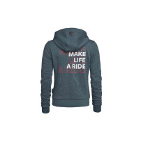 Rückansicht des grauen BMW Motorrad Damen Zip-Hoodies mit großem „Make Life A Ride“-Schriftzug und BMW Logo auf der Kapuze.