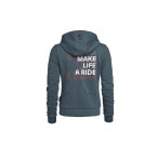 Rückansicht des grauen BMW Motorrad Damen Zip-Hoodies mit großem „Make Life A Ride“-Schriftzug und BMW Logo auf der Kapuze.