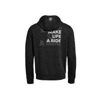 Rückansicht des schwarzen BMW Motorrad Herren Zip-Hoodies mit großem „Make Life A Ride“-Schriftzug und BMW Logo auf der Kapuze.