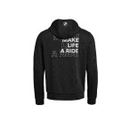 Rückansicht des schwarzen BMW Motorrad Herren Zip-Hoodies mit großem „Make Life A Ride“-Schriftzug und BMW Logo auf der Kapuze.