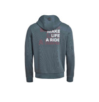 Rückansicht des grauen BMW Motorrad Herren Zip-Hoodies mit großem „Make Life A Ride“-Schriftzug und BMW Logo auf der Kapuze.