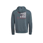 Rückansicht des grauen BMW Motorrad Herren Zip-Hoodies mit großem „Make Life A Ride“-Schriftzug und BMW Logo auf der Kapuze.