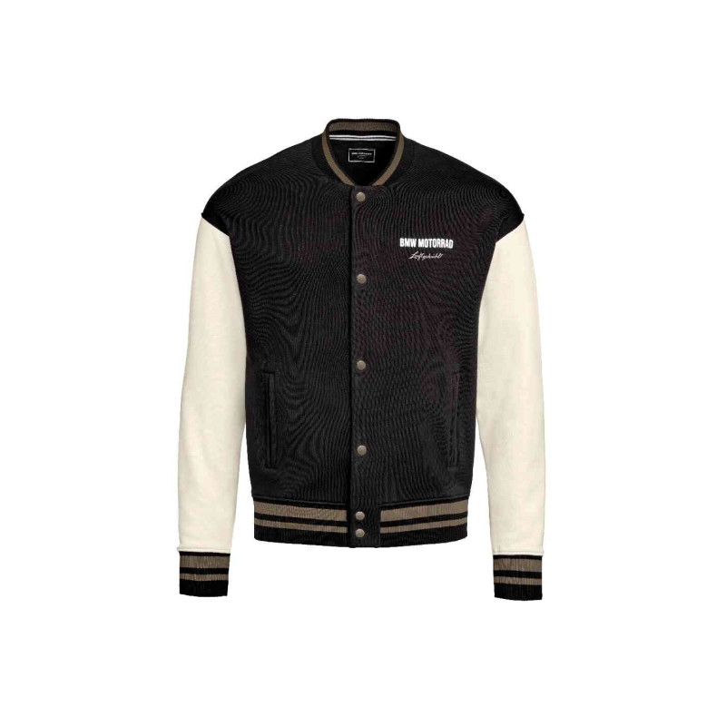 BMW Motorrad Berlin Built Jacke mit schwarzem Korpus, weißen Ärmeln und Aircooled-Schriftzug.