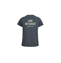 Graues BMW Motorrad Aircooled Damen T-Shirt mit Boxermotor-Print auf dem Rücken.