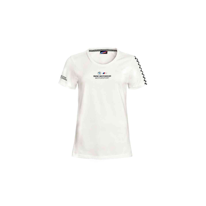 BMW Motorrad Motorsport Damen T-Shirt in Weiß mit BMW M Logos und Motorsport Schriftzug.