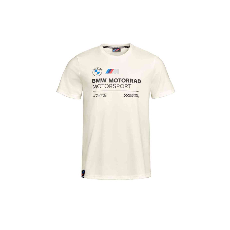 BMW Motorrad Motorsport Herren T-Shirt weiss mit großem RR- und Motorsport-Print auf der Vorderseite.