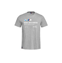 BMW Motorrad Motorsport Herren T-Shirt grau/melange mit großem RR- und Motorsport-Print auf der Vorderseite.