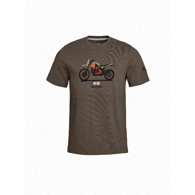 Braunes BMW Motorrad T-Shirt R 12 G/S mit Motorrad-Print und R 12 G/S Schriftzug auf der Brust.