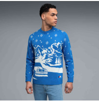 Dunkelhaariger Mann trägt den BMW M XMAS Sweater Holiday mit festlichem Design und BMW M Branding. Vorderansicht